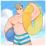  1boy abs absurdres all_saints_street ball bara beach beachball blue_male_swimwear blue_sky bulge damao_(all_saints_street) day eyebrow_cut fang fang_out grey_hair highres holding holding_ball inflatable_toy large_pectorals male_focus male_swimwear muscular muscular_male navel nipples pectorals short_hair sky swim_trunks topless_male undercut yellow_eyes yogireji 