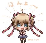 1girl :d ahoge aqua_eyes black_socks blonde_hair blush_stickers bow chibi commentary_request excited eyes_visible_through_hair hair_between_eyes hair_ornament hair_ribbon hands_up kamikita_komari kneehighs little_busters! little_busters!_school_uniform long_ribbon looking_at_viewer micchi_(koto_maple) open_mouth pink_bow red_ribbon ribbon school_uniform short_hair simple_background smile socks solo sparkling_eyes star_(symbol) star_hair_ornament sweater translated twitter_username two_side_up white_background yellow_sweater 