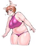  1girl animal_ears belly bikini blush breasts brown_eyes brown_hair cameltoe cowboy_shot cropped_legs ear_twitch elf-san_wa_yaserarenai. fat highres huge_breasts leaning_forward looking_at_viewer navel oku_(elf-san_wa_yaserarenai) open_hands outstretched_arms parted_lips pig_ears pink_bikini plump shiny_skin shiny_swimsuit short_hair simple_background solo swimsuit synecdoche tareme thick_arms thick_thighs thighs white_background 