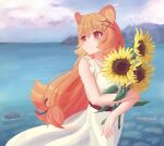  1girl animal_ear_fluff animal_ears blush braid closed_mouth cloud cloudy_sky cowboy_shot day dress english_commentary flower hair_between_eyes hair_ornament hair_ribbon highres holding holding_flower light_smile long_hair ocean orange_hair outdoors raccoon_ears raccoon_girl raccoon_tail raphtalia red_eyes red_ribbon ribbon se1ested sidelocks single_braid sky sleeveless sleeveless_dress solo standing summer sundress sunflower tail tate_no_yuusha_no_nariagari water white_dress x_hair_ornament yellow_flower 