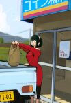  1girl bag black_hair black_pantyhose closed_mouth day hairband higemu highres long_hair motor_vehicle outdoors pantyhose pickup_truck power_lines red_eyes red_sweater shop shopping_bag smile solo spy_x_family sweater truck utility_pole white_hairband yor_briar 