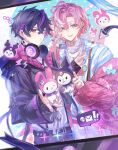  2boys aqua_eyes black_hair black_hoodie cardigan fragaria_memories headphones headphones_around_neck heart highres hood hood_down hoodie kurode_(fragaria_memories) kuromi looking_at_viewer male_focus merold_(fragaria_memories) multicolored_hair multiple_boys my_melody onegai_my_melody pink_cardigan pink_hair purple_hair red_eyes sanrio shirt short_hair sparkle turtleneck white_shirt yaoyaobae 