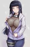  1girl bandaged_leg bandages bangs black_hair blue_pants blunt_bangs blush breasts closed_mouth commentary_request fishnet_top fishnets forehead_protector headband_around_neck highres hime_cut holster hyuuga_hinata jacket konohagakure_symbol large_breasts naruto naruto_(series) naruto_shippuuden open_clothes open_jacket pants purple_jacket r-binon raised_eyebrows solo straight_hair sweatdrop thigh_holster unzipping wavy_mouth white_eyes zipper zipper_pull_tab 