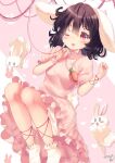  1girl ;p animal_ears bare_legs black_hair breasts dress hands_up highres inaba_mob_(touhou) inaba_tewi kemo_chiharu medium_hair one_eye_closed pink_background pink_dress pinky_out puffy_short_sleeves puffy_sleeves rabbit_ears rabbit_tail red_eyes short_sleeves simple_background small_breasts socks solo string string_of_fate tail tongue tongue_out touhou 