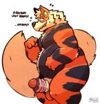  2023 anthro anthrofied arcanine balls belly black_body black_nose bodily_fluids dessert doughnut english_text erection food generation_1_pokemon genitals hi_res humanoid_hands male moobs nintendo orange_body overweight overweight_male penis pokemon pokemon_(species) raburigaron solo sweat text 