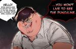  1boy blood blood_on_face brown_hair cleft_chin collared_shirt english_text family_guy fat fat_man green_eyes highres injury kowai_(iamkowai) looking_at_viewer male_focus peter_griffin shirt short_hair solo speech_bubble very_short_hair white_shirt 