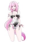  absurdres alternate_costume belt black_one-piece_swimsuit blue_eyes blush breasts cleavage cleavage_cutout clothing_cutout cropped_legs elysia_(honkai_impact) hairband highres honkai_(series) honkai_impact_3rd large_breasts long_hair one-piece_swimsuit open_mouth pink_belt pink_hair pink_pupils pointy_ears qing231 see-through see-through_shirt shorts simple_background smile swimsuit teeth upper_teeth_only very_long_hair white_background white_hairband white_shorts 