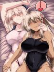  2girls ahoge arm_up armpits bare_shoulders bed_sheet black_bow black_one-piece_swimsuit blonde_hair blush bow breasts collarbone competition_swimsuit covered_navel dark-skinned_female dark_skin fate/grand_order fate_(series) hair_between_eyes hair_bow highleg highleg_swimsuit highres koha-ace large_breasts long_hair looking_at_viewer lying multiple_girls okita_souji_(fate) okita_souji_(koha-ace) okita_souji_alter_(fate) on_back on_bed one-piece_swimsuit open_mouth smile swimsuit tassel tgxx3300 two-tone_swimsuit very_long_hair white_eyes white_hair white_one-piece_swimsuit yellow_eyes 