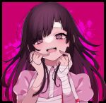  1girl :d absurdres apron bandaged_hand bandages black_border blood border collared_shirt danganronpa_(series) danganronpa_2:_goodbye_despair drooling hands_up highres long_hair looking_at_viewer mole mole_under_eye nail_polish open_mouth pink_background pink_blood pink_eyes pink_shirt portrait puffy_short_sleeves puffy_sleeves shirt short_sleeves smile solo takae_(poupee_en_biscuit) teeth tsumiki_mikan upper_teeth_only white_apron white_shirt 