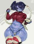  1girl blue_hair blue_skin colored_skin highres khentaiu no_pants panties red_eyes shirt skullgirls smile solo squigly_(skullgirls) stomach thick_thighs thighs underwear wide_hips zombie 