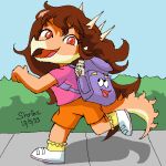  1:1 2023 anthro aquilops backpack backpack_(dora_the_explorer) blue_sky bottomwear brown_hair clothing cosplay crossover crossover_cosplay detailed_background digital_drawing_(artwork) digital_media_(artwork) dinosaur dora_marquez dora_the_explorer eyelashes female footwear goodbye_volcano_high hair horn long_hair long_tail looking_at_viewer low_res map map_(dora_the_explorer) multicolored_body multicolored_scales open_mouth open_smile orange_body orange_eyes orange_scales outside reptile rosa_(gvh) running scales scalie shoes shorts shrikethebird_(artist) sky smile sneakers snoot_game snout solo spikes spikes_(anatomy) tail tan_body tan_scales tongue two_tone_body two_tone_scales 