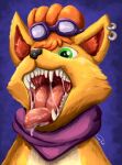  bodily_fluids countershading drooling eyewear eyewear_on_head feral fur generation_1_pokemon goggles goggles_on_head green_eyes gyrotech hi_res male mostly_nude mouth_shot nintendo open_mouth orange_body pokemon pokemon_(species) saliva scarf scarf_only solo tongue tongue_out vulpix 