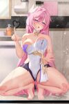  1girl :o against_glass barefoot bathroom blush breast_press breasts breasts_on_glass desk dress elysia_(herrscher_of_human:ego)_(honkai_impact) elysia_(honkai_impact) full_body hair_ornament half-closed_eyes heart highres honkai_(series) honkai_impact_3rd indoors large_breasts long_hair looking_at_viewer lrh0123 mirror nail_polish nipples open_mouth pink_eyes pink_hair pink_nails solo squatting strapless strapless_dress tile_floor tile_wall tiles tiptoes toenail_polish toenails toes towel very_long_hair wet white_dress 