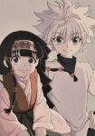  1boy 1other alluka_zoldyck androgynous arms_at_sides black_hair blue_eyes closed_mouth enoki_(gongindon) hand_on_another&#039;s_shoulder hunter_x_hunter killua_zoldyck layered_sleeves looking_at_viewer male_child muted_color siblings smile spiked_hair 