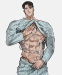  1boy abs bara gimgyeon_(dog_0987) large_pectorals lifted_by_self looking_at_viewer male_focus mature_male muscular muscular_male navel original pajamas pectorals scar short_hair sideburns solo stomach thick_eyebrows undressing veiny_crotch 