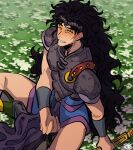  1boy armor black_hair boots bruford carota327 field flower flower_field headband jojo_no_kimyou_na_bouken loincloth long_hair messy_hair no_pants pelvic_curtain phantom_blood sitting solo tears very_long_hair 