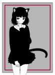  1girl adjusting_hair adjusting_skirt animal_ears black_hair black_skirt blending blush border cat_ears cat_tail cowboy_shot flat_color grey_background highres looking_at_viewer miniskirt multiple_monochrome naosan2011 original outside_border parted_lips short_hair simple_background skirt solo standing tail 