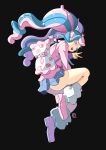  1girl ass automatic_giraffe bag black_background blue_skirt bull_sprite_(pokemon) cardigan clefairy_sprite_(pokemon) fairy_miku_(project_voltage) fish_sprite_(pokemon) fossil_sprite_(pokemon) hatsune_miku highres leg_warmers long_hair looking_at_viewer looking_back multicolored_hair open_mouth pink_cardigan pink_footwear pokemon project_voltage shoulder_bag skirt smile twintails two-tone_hair upskirt v very_long_hair vocaloid 