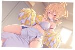  1boy 1girl blonde_hair blue_archive blush breasts cleavage closed_mouth clothes_writing collarbone girl_on_top halo highres holding holding_pom_poms kotori_(blue_archive) kotori_(cheer_squad)_(blue_archive) large_breasts long_hair millennium_cheerleader_outfit_(blue_archive) navel official_alternate_costume pom_pom_(cheerleading) red_eyes sasakura_momiji short_twintails skirt thigh_strap twintails white_skirt yellow_halo 