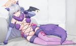  1girl absurdres animal_ears arm_support back_bow bare_shoulders blue_archive blue_gloves bow braid breasts breasts_apart claw_pose commentary_request cosplay demon_wings fake_animal_ears fang fate/grand_order fate_(series) full_body fur-trimmed_gloves fur-trimmed_thighhighs fur_bikini fur_collar fur_trim gloves grey_hair halo haruna_(blue_archive) highres indoors large_breasts long_hair looking_at_viewer mash_kyrielight mash_kyrielight_(cosplay) mash_kyrielight_(dangerous_beast) mash_kyrielight_(dangerous_beast)_(cosplay) mola_(mola526) navel no_shoes open_mouth orange_halo purple_thighhighs red_eyes revealing_clothes side_braid single_wing skin_fang solo stomach tail thighhighs wings wolf_ears wolf_tail 