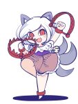  1girl animal_ears arm_up barefoot blush brown_skirt chahan_(fried_rice0614) clenched_hands fangs foothold_trap frilled_shirt frilled_skirt frilled_sleeves frills full_body hand_up highres jewelry looking_at_viewer mitsugashira_enoko multiple_tails necklace open_mouth purple_shirt red_eyes shadow shirt short_hair simple_background skin_fangs skirt smile solo standing standing_on_one_leg tail touhou unfinished_dream_of_all_living_ghost white_background white_hair wolf_ears wolf_girl wolf_tail 