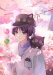  1boy animal_ears animal_hat black_headwear cat_ears cat_hat cherry_blossoms closed_mouth dango food genshin_impact hair_between_eyes hat highres holding holding_food long_sleeves male_focus purple_eyes purple_hair purple_shirt sanshoku_dango scaramouche_(cat)_(genshin_impact) scaramouche_(genshin_impact) shirt short_hair smile solo tongue tongue_out user_fzuz2338 wagashi white_shirt 
