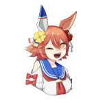  +_+ 1girl absurdres animal_ears clothing_cutout clover_hair_ornament cropped_torso hair_between_eyes hair_ornament highres horse_ears looking_at_viewer matikanefukukitaru_(umamusume) neckerchief one_eye_closed open_mouth orange_hair red_neckerchief sailor_collar sanada_ina shirt short_hair shoulder_cutout simple_background smile solo umamusume upper_body white_background white_shirt yellow_eyes 