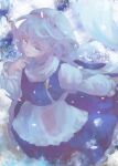  1girl absurdres apron blue_vest collared_shirt highres letty_whiterock long_sleeves looking_at_viewer medium_hair mozu_(tamakonnyaku) scarf shirt snow snowing solo touhou upper_body vest waist_apron white_apron white_hair white_headwear white_scarf white_shirt 