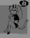  absurd_res anthro bottomwear clothing dream felid female forrest18 hair hi_res horn inktober_2023 mammal monochrome pawpads paws shirt simple_background sleeping solo stripes topwear toshi_(forrest18) 