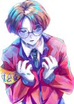  1boy aorta_(kyouki_yori_ai_o_komete) black_hair blazer blue_necktie collared_shirt colored_skin glasses grey_background grey_skin highres ichibashi_(pixiv90845278) jacket kyouki_yori_ai_o_komete long_sleeves looking_at_viewer male_focus multicolored_hair necktie open_mouth purple_eyes red_hair red_jacket shirt solo white_shirt yellow_armband 