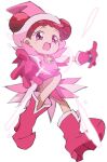  1girl :d absurdres boots commentary_request double_bun dress edamame_(buruburu) full_body gloves glowing hair_bun harukaze_doremi hat highres looking_at_viewer magical_girl ojamajo_doremi open_mouth outstretched_arms pink_dress pink_eyes pink_footwear pink_gloves pink_headwear pointy_footwear red_hair short_hair simple_background smile solo standing white_background witch_hat 