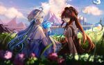  2girls ahoge aisaka_yunoha_(artist) blouse blue_hair blurry blurry_foreground bridge bubble bush cloud cowlick flower furina_(genshin_impact) genshin_impact grass hat highres hu_tao_(genshin_impact) light_blue_hair long_hair looking_at_another mountainous_horizon multicolored_hair multiple_girls one_eye_closed shirt sidelocks sitting sky 