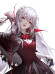  1girl :o absurdres arknights black_cape black_gloves black_skirt blood braid breasts cape character_request check_character cleavage corset fangs flower gloves grey_hair half_gloves hand_up highres holding holding_flower long_hair medium_breasts pink_flower red_corset red_eyes single_glove skirt smile solo specter_(arknights) spilling tongue torn_cape torn_clothes zhuang_yao 