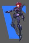  1girl arm_at_side blue_background breasts commentary_request full_body grey_background high_heels highres joints medium_breasts original reaching red_eyes red_hair robot_girl robot_joints science_fiction short_hair_with_long_locks solo two-tone_background ushas 