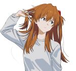  1girl alternate_costume blue_eyes casual expressionless grey_shirt hair_between_eyes hajikkoneko hand_in_own_hair head_tilt highres interface_headset long_hair long_sleeves looking_to_the_side loose_hair_strand neon_genesis_evangelion orange_hair shirt solo souryuu_asuka_langley upper_body white_background 