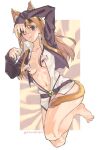  1girl animal_ears barefoot belt black_jacket blue_eyes breasts cat_ears cat_tail censored center_opening collarbone eyepatch fate/grand_order fate_(series) heterochromia jacket long_hair looking_at_viewer medium_breasts mitsurugi_sugar navel novelty_censor okita_souji_(fate) okita_souji_(koha-ace) open_clothes open_jacket open_shirt ophelia_phamrsolone parted_lips red_eyes shirt solo tail white_shirt 