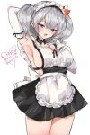  1girl alternate_costume apron arm_up armpits black_collar black_dress blue_eyes blush breasts chigasaki_yukari collar collarbone cowboy_shot detached_collar dress enmaided frilled_apron frills gloves hand_on_own_chest kantai_collection kashima_(kancolle) large_breasts looking_at_viewer maid maid_apron maid_headdress medium_hair open_mouth short_dress sideboob simple_background sleeveless sleeveless_dress solo standing thighs twintails waist_apron white_apron white_background white_gloves white_hair 