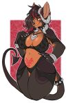  2023 anthro breasts clothed clothing digital_media_(artwork) female fingers generation_2_pokemon hair hand_on_hip hi_res horn houndoom long_hair looking_at_viewer mocha-wing multicolored_hair nintendo pokemon pokemon_(species) solo spade_tail tail thick_thighs two_tone_hair womb_tattoo 