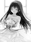  1girl :d ^_^ amamiya_hisui bare_shoulders black_hair blush bouquet breasts bridal_gauntlets bridal_veil cleavage closed_eyes collarbone commentary_request cowboy_shot dress eyelashes facing_viewer floating_hair flower hair_between_eyes happy highres holding holding_bouquet kushima_kamome light_particles long_hair monochrome open_mouth own_hands_together ribbon rose smile solo standing straight_hair summer_pockets tiara veil very_long_hair wedding_dress white_flower white_rose 