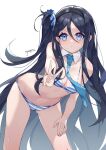 1girl absurdly_long_hair absurdres aris_(blue_archive) artist_name bare_arms bare_legs bikini black_hair black_hairband blue_archive blue_bikini blue_eyes blue_necktie bow bow_bikini breasts cleavage commentary_request detached_collar hair_between_eyes hair_ornament hair_scrunchie hairband highres leaning_forward long_hair looking_at_viewer medium_breasts navel necktie one_side_up revision scrunchie signature simple_background standing stomach striped striped_bikini sweat swimsuit syusyuu thighs v very_long_hair white_background white_bikini 