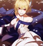  1girl absurdres archetype_earth arcueid_brunestud black_gloves blonde_hair breasts brown_background collarbone detached_sleeves dress eyelashes fate/grand_order fate_(series) flower gloves hair_flower hair_ornament highres large_breasts looking_at_viewer lying on_side petals red_eyes short_hair solo strapless strapless_dress white_dress white_petals zuraa_(naunau_seijin) 