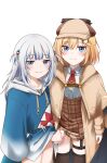  2girls :3 absurdres animal_costume animal_hood blonde_hair blue_eyes blue_hair blue_hoodie blunt_bangs blush brown_capelet cabbie_hat capelet coat collarbone detective gawr_gura gawr_gura_(1st_costume) grey_hair hair_ornament handshake hat highres hololive hololive_english hood hoodie jan_azure looking_at_viewer magnifying_glass medium_hair multicolored_hair multiple_girls mustache_print necktie red_necktie shark_costume shark_girl shark_hair_ornament shark_hood shark_print simple_background streaked_hair tail thighhighs trench_coat two_side_up virtual_youtuber watson_amelia watson_amelia_(1st_costume) white_background wide_sleeves 