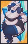  2023 absurd_res anthro belly big_belly big_breasts blue_hair bottomwear breasts cleavage clothed clothing digital_media_(artwork) eyelashes female fur generation_6_pokemon hair hands_behind_head hi_res huge_breasts huge_hips huge_thighs legwear looking_at_viewer meowstic navel neck_tuft nintendo overweight overweight_female patacon pokemon pokemon_(species) red_eyes shorts solo thick_thighs thigh_highs tuft white_body white_fur wide_hips 