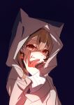  1girl ambiguous_red_liquid animal_hood berry black_choker blood blood_on_face brown_eyes brown_hair brown_hoodie choker crossed_bangs dark earrings ears_through_headwear elun_(elun_00) empty_eyes food-themed_earrings highres hololive hololive_english hood hood_up hoodie jewelry long_hair looking_at_viewer multicolored_hair nanashi_mumei nanashi_mumei_(3rd_costume) official_alternate_costume oversized_clothes shaded_face sleeves_past_wrists smile solo streaked_hair sweater underlighting virtual_youtuber white_sweater 