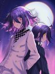  2boys absurdres ahoge black_hair black_jacket checkered_neckerchief colored_inner_hair danganronpa_(series) danganronpa_v3:_killing_harmony full_moon highres jacket long_sleeves looking_at_viewer male_focus moon multicolored_hair multiple_boys neckerchief oma_kokichi pants pink_eyes pink_hair purple_hair saihara_shuichi short_hair sky star_(sky) starry_sky urami0310 white_jacket white_pants 