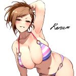  1girl arm_behind_head arm_up armpits bare_arms bare_shoulders bikini blue_bikini blush braid braided_bangs breasts brown_hair character_name cleavage collarbone commentary_request cowboy_shot grin half-closed_eyes halterneck high_ponytail highres hitofudegaki_usagi hyodo_rena idolmaster idolmaster_cinderella_girls large_breasts leaning_forward looking_at_viewer multicolored_bikini multicolored_clothes navel o-ring o-ring_bikini o-ring_bottom o-ring_top parted_lips pink_bikini ponytail short_hair simple_background skindentation smile solo standing striped striped_bikini swept_bangs swimsuit thighhighs white_background yellow_eyes 