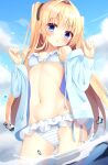  1girl bikini blonde_hair blue_eyes blue_jacket blue_sky cloud day drawstring frilled_bikini frills hair_intakes highres hiragana_iroiro hood hooded_jacket jacket long_hair original outdoors sky solo standing striped striped_bikini swimsuit two_side_up wading water 