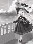  1girl black_dress blue_archive blush cloud cloudy_sky day dress full_body greyscale halo highres hina_(blue_archive) long_hair long_sleeves looking_at_viewer monochrome ocean okomekura outdoors parted_bangs sky solo standing summer very_long_hair white_hair 