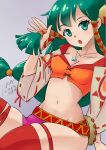 1girl artist_name bis_toratora breasts dated feena_(grandia) grandia grandia_i green_eyes green_hair hair_ornament hair_tubes jewelry long_hair looking_at_viewer low-tied_long_hair midriff navel necklace open_mouth signature simple_background skirt solo thighhighs wide_sleeves 