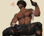  !? 1boy abs bandaged_arm bandages bara beard black_hair carlos_oliveira chest_hair chris_sdd dark_skin dog_tags facial_hair fingerless_gloves gloves gun highres large_pectorals leg_hair male_focus muscular muscular_male nipples pants pectorals resident_evil resident_evil_3:_nemesis resident_evil_3_(remake) revolver short_hair solo spread_legs sweat torn_clothes torn_pants wavy_hair weapon 